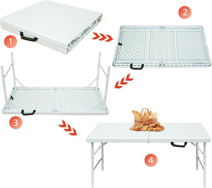 Portable 4Ft Adjustable Height Plastic Folding Table, Heavy Duty Fold-in-Half Table with Carrying Handle, Small Utility Foldable Table for Picnic Party Camping BBQ, Indoor/Outdoor(White)