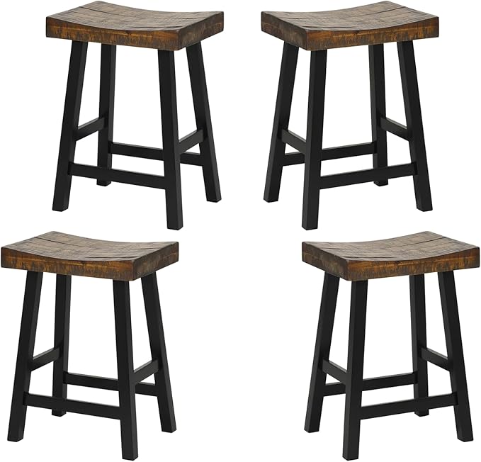 ERGOMASTER Wooden Backless Saddle Barstools Set of 4, 24-inch Counter Height Rustic Bar Stools with Rubber Wood Frame & Footrest for Kitchen Island, Dining Room, Pub