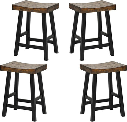 ERGOMASTER Wooden Backless Saddle Barstools Set of 4, 24-inch Counter Height Rustic Bar Stools with Rubber Wood Frame & Footrest for Kitchen Island, Dining Room, Pub