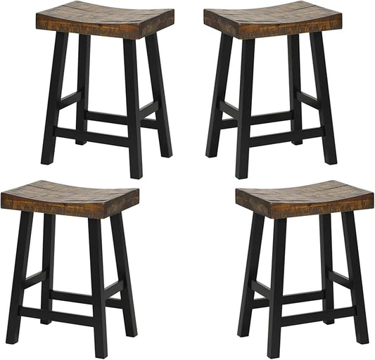 ERGOMASTER Wooden Backless Saddle Barstools Set of 4, 24-inch Counter Height Rustic Bar Stools with Rubber Wood Frame & Footrest for Kitchen Island, Dining Room, Pub