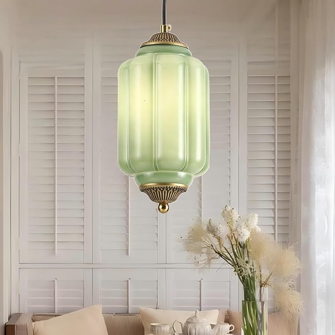 Vintage Milk Glass Pendant Light Antique Green Ceiling Light Fixture for Kitchen Island, Bedroom, Bedside, Dining Room, Hallway, Bulb Included