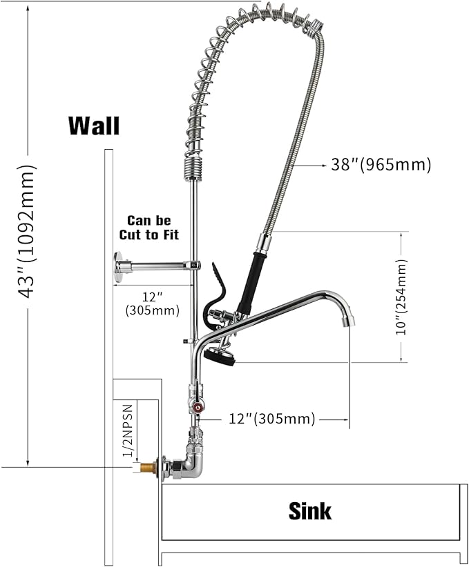 43" Height Commercial Kitchen Sink Faucet Wall Mount with Pre-Rinse Sprayer, 8 inch Center Wall Mount Faucet with Spring Pull Down Sprayer and 12" Add-on Spout for Restaurant