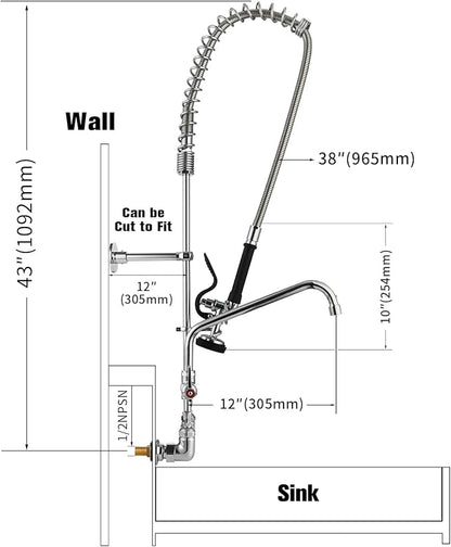43" Height Commercial Kitchen Sink Faucet Wall Mount with Pre-Rinse Sprayer, 8 inch Center Wall Mount Faucet with Spring Pull Down Sprayer and 12" Add-on Spout for Restaurant