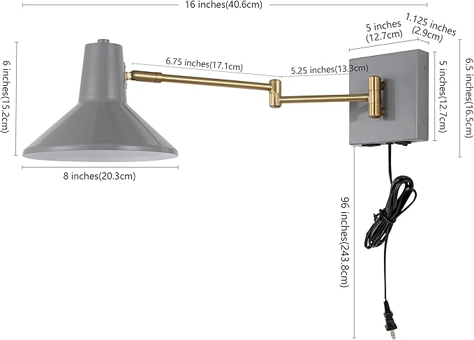 JONATHAN Y 16" Grey/Brass Gold 1-Light Modern Swing Arm Sconce with USB Port, Plug-in Midcentury LED Bedside Lamp with White Iron Shade for Bedroom Living Room (JYL1302C)