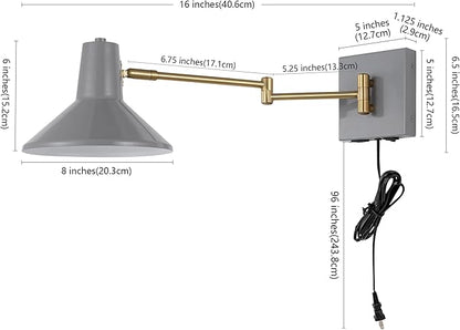 JONATHAN Y 16" Grey/Brass Gold 1-Light Modern Swing Arm Sconce with USB Port, Plug-in Midcentury LED Bedside Lamp with White Iron Shade for Bedroom Living Room (JYL1302C)