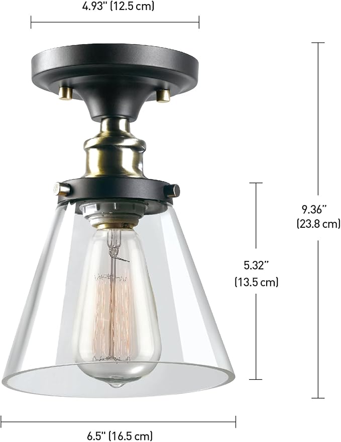 GLOBE Electric 65380 1-Light Flush Mount Ceiling Light, Dark Bronze, Antique Brass Accents, Glass Shade, Bedroom Lighting Fixtures Ceiling, Dining Room Fixture, Lighting for Hallway
