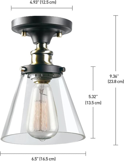 GLOBE Electric 65380 1-Light Flush Mount Ceiling Light, Dark Bronze, Antique Brass Accents, Glass Shade, Bedroom Lighting Fixtures Ceiling, Dining Room Fixture, Lighting for Hallway