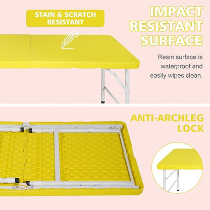 Portable 4Ft Adjustable Height Plastic Folding Table, Heavy Duty Fold-in-Half Table with Carrying Handle, Small Utility Foldable Table for Picnic Party Camping BBQ, Indoor/Outdoor (Yellow)