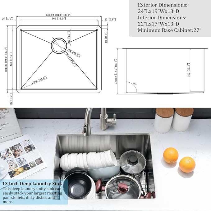 Stainless Steel Undermount Laundry Room Sink-VASOYO 24x19x13 Undermount Laundry Sink Stainless Steel 16 Gauge Single Bowl Deep Under Mount Kitchen Utility Sinks Outdoor Basin