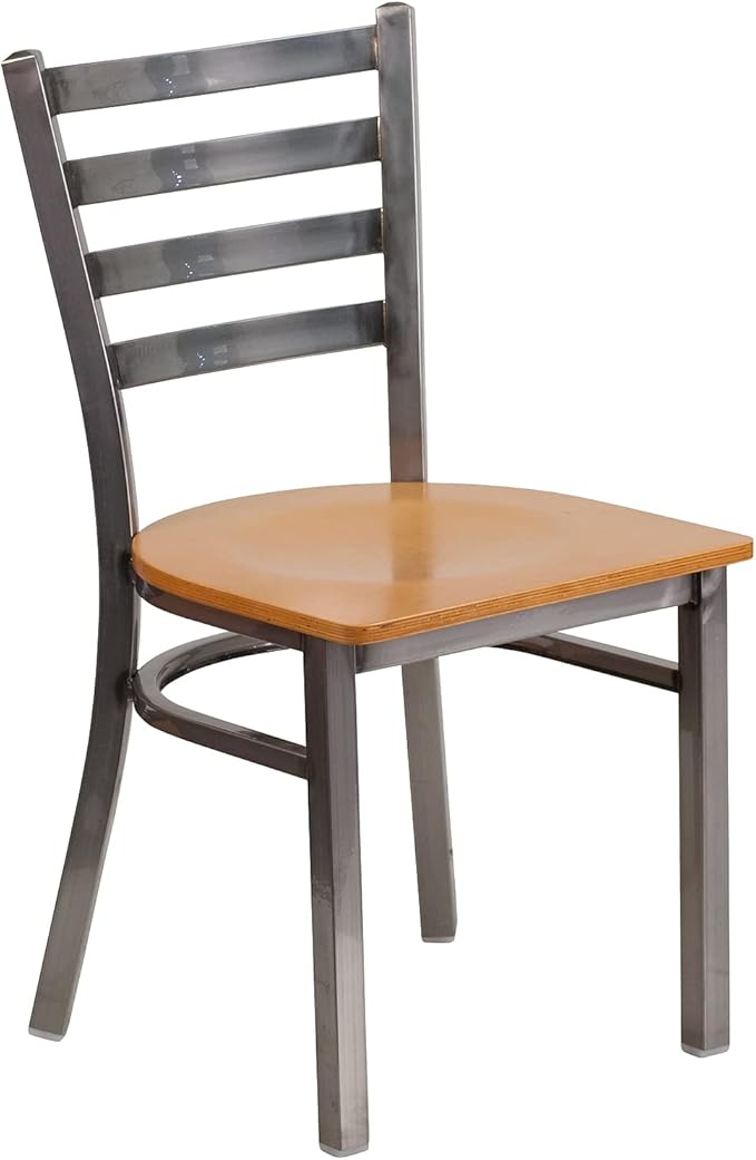 Flash Furniture 2 Pack HERCULES Series Clear Coated Ladder Back Metal Restaurant Chair - Natural Wood Seat