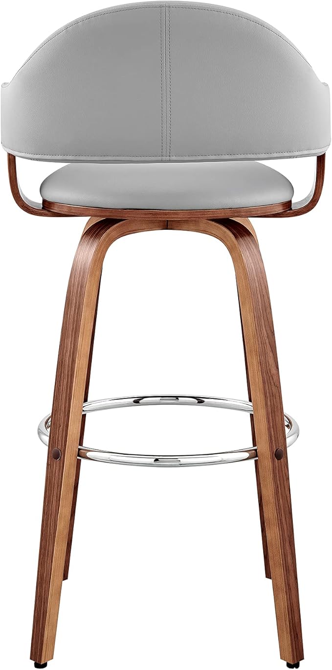 Armen Living Daxton Mid Century Modern Swivel Bar Stool for Kitchen Island Counter in Gray Faux Leather and Walnut Wood, 26" Seat Height
