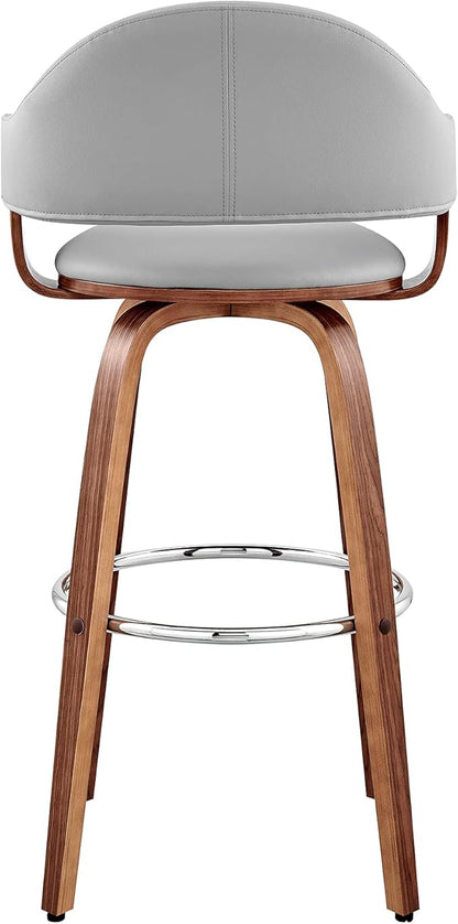 Armen Living Daxton Mid Century Modern Swivel Bar Stool for Kitchen Island Counter in Gray Faux Leather and Walnut Wood, 26" Seat Height