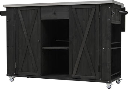 YOPTO Outdoor Kitchen Island Fir Wood Kitchen Island with Stainless Steel Top,Ample Storage Space,Towel and Spice Racks and a Bottle Opener for Outdoor,Black