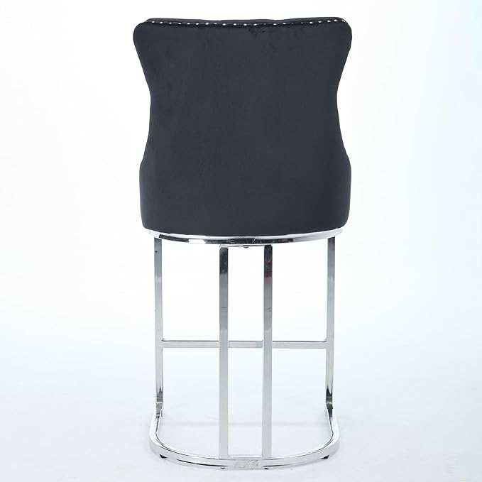 25" Counter Height Bar Stools Set of 2, Velvet Bar stools with Button BackRivet Trim Upholstered Kitchen Island Chairs with Sturdy Chromed Metal Base Legs Bar Stools, (Black,2 Pack)