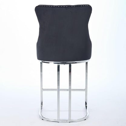 25" Counter Height Bar Stools Set of 2, Velvet Bar stools with Button BackRivet Trim Upholstered Kitchen Island Chairs with Sturdy Chromed Metal Base Legs Bar Stools, (Black,2 Pack)