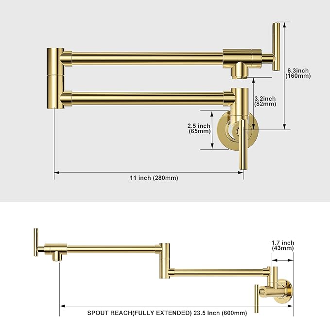 WOWOW Pot Filler Faucet Polished Brass, Kitchen Pot Filler Wall Mount Stove Faucet with Double Joint Swing Arms