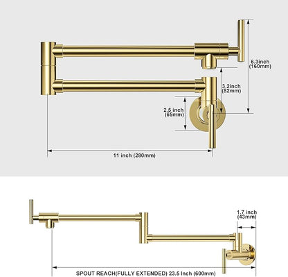 WOWOW Pot Filler Faucet Polished Brass, Kitchen Pot Filler Wall Mount Stove Faucet with Double Joint Swing Arms
