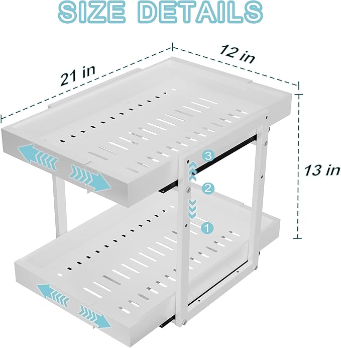 Golener 2-Tier Expandable Pull Out Cabinet Organizer - 21" Deep Slide Out Drawers for Kitchen Cabinets, Bathroom Organizers and Storage, Under Sink Organizer for Kitchen Storage Organization, White