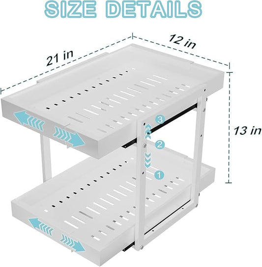 Golener 2-Tier Expandable Pull Out Cabinet Organizer - 21" Deep Slide Out Drawers for Kitchen Cabinets, Bathroom Organizers and Storage, Under Sink Organizer for Kitchen Storage Organization, White