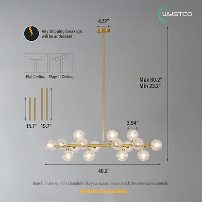16-Light Globe Sputnik Chandelier, Linear Dining Room Light Fixture Over Table, Mid Century Modern Gold Chandeliers for Dining Living Room, Kitchen Island Lighting (Clear Bubble, 40 Inch)