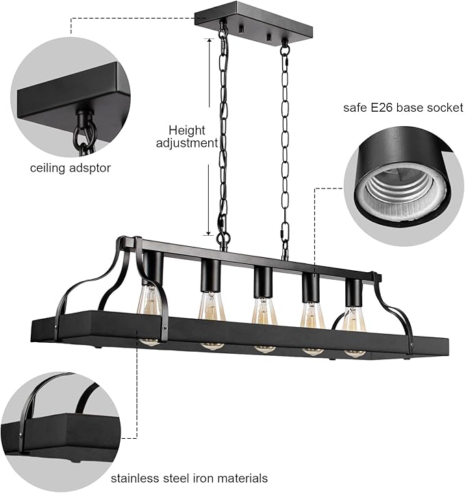 Rustic Farmhouse Chandelier for Dining Room 5-Lights-A Black