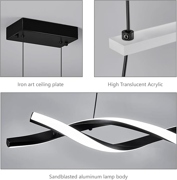 Modern Kitchen Pendant Light Over Island Black LED Pendant Lights 6000K Adjustable Hanging Light Fixture Wave Shape Chandelier for Dining Room Kitchen Island Restaurant Living Room