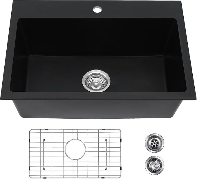 Davivy 27 inch Black Granite Composite Kitchen Sink, 27 x19 Black Quartz Topmount/Drop In Kitchen Sink, Single Bowl Design