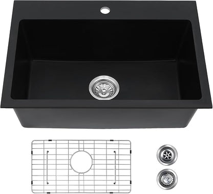 Davivy 27 inch Black Granite Composite Kitchen Sink, 27 x19 Black Quartz Topmount/Drop In Kitchen Sink, Single Bowl Design