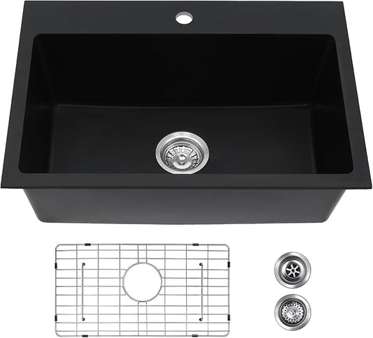Davivy 27 inch Black Granite Composite Kitchen Sink, 27 x19 Black Quartz Topmount/Drop In Kitchen Sink, Single Bowl Design