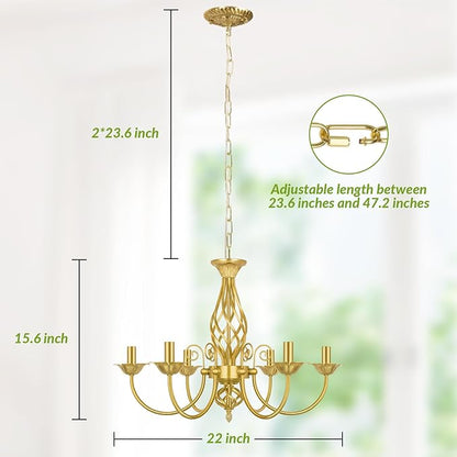 6-Light Farmhouse Candle Chandelier for Living Room, Rustic Industrial Pendant Ceiling Light fixture, Vintage Ceiling Hanging Lamp for Bedroom Hallway Kitchen Dining Room Foyer, Luxury Gold E12 Socket