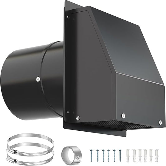 5 Inch Hooded Wall Vent Cover with Screen & Damper, Black Vent Covers for Wall, Galvanized Steel Exhaust Vent Cap for Dryer, Bathroom, Kitchen, Range Hood, AC Duct, Dryer Vent Kit Through Wall