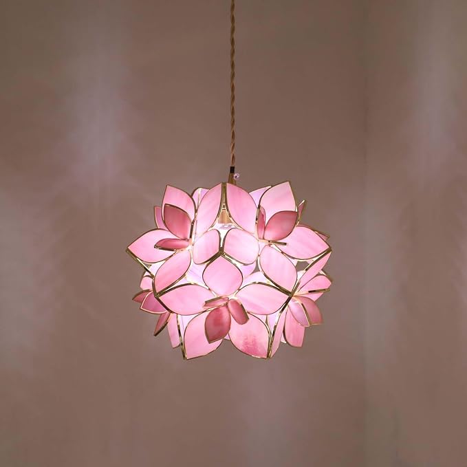 Bieye L10914 Petals Tiffany Style Stained Glass Ceiling Pendant Light for Home Decoration (Pink, 12" Rose Lily)