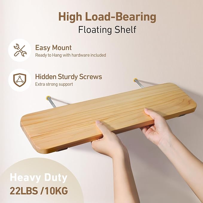 Wooden Floating Shelves for Wall, 15.7" W x 6" D x 0.6" H Large Wall Shelves, Hanging Storage Shelf with Hooks for Living Room, Kitchen, Bathroom, Bedroom Decor, Natural, 3 Packs