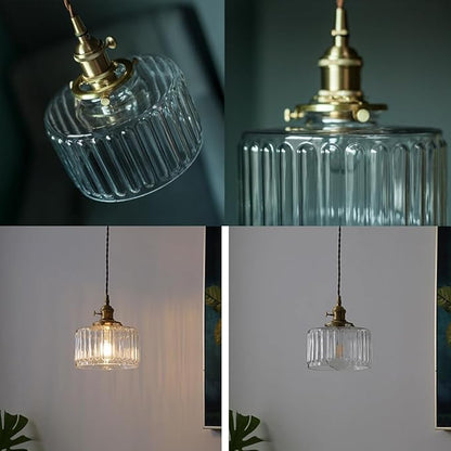 Glass Hanging Lights One-Light Vintage Pendant Light Fixtures Clear Striped Glass Shade Mid Century Modern Pendant Light Gold Brass Light Fixture Adjustable Cord for Dining Room Hallway