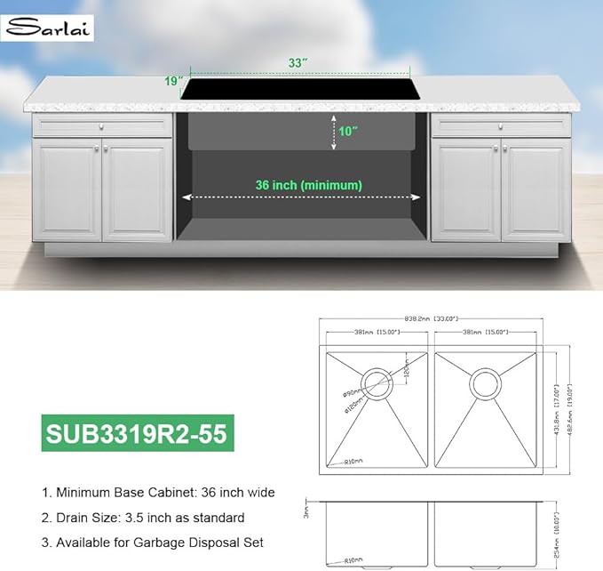 Sarlai 33 Inch Black Undermount Kitchen Sink Double bowl- 33x19 Undermount Double Bowl Kitchen Sink Gunmetal Black Stainless Steel 16 Gauge Sink 50/50 Under Counter Sinks Basin with Accessories
