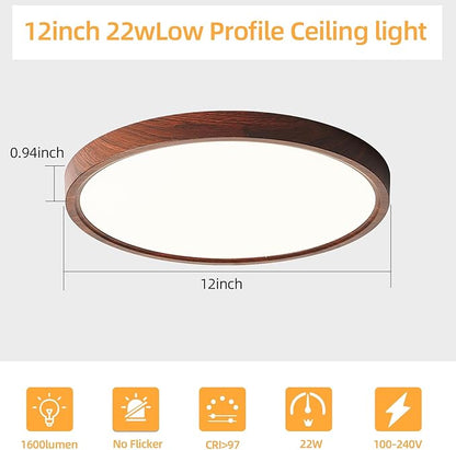 HEYAN Walnut Wood Flush Mount Ceiling Light Fixture,12 Inch Dimmable LED Ceiling Light with 3000K-4000K-6000K Selectable Flat Low Profile Round Ceiling Lights for Bedroom Hallway Laundry (1 Pack)
