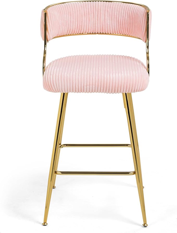 2-Pack Pink Corduroy Counter Height Bar Stools with Back, Golden Chrome Base and Footrest, Modern Kitchen Island Stools Set of 2, Upholstered Dining Stools for Home, Office, Cafe