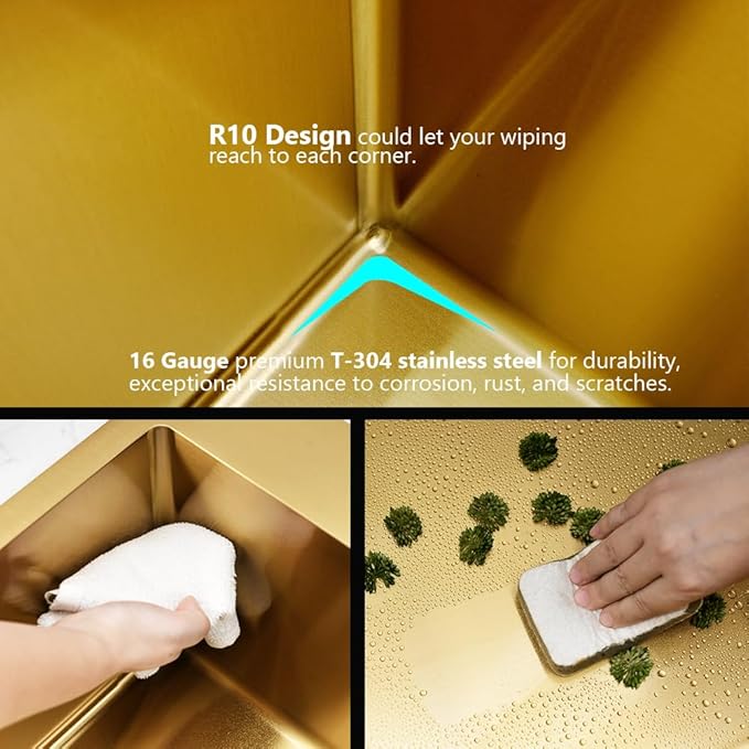 Gold Drop In Bar Sink,20x16 Top Mount Wet Bar Sink Single Bowl 16 Gauge Small Sink Stainless Steel Deep Basin