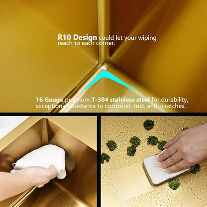 Gold Drop In Bar Sink,20x16 Top Mount Wet Bar Sink Single Bowl 16 Gauge Small Sink Stainless Steel Deep Basin