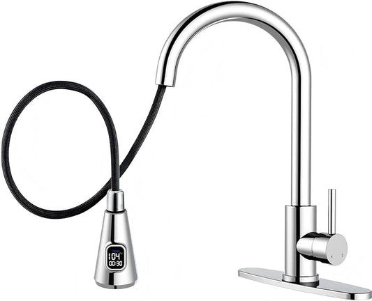 HOMELODY LED Temperature Display Kitchen Faucet with Pull Down Sprayer - Polished Chrome Single Handle Faucet for Kitchen Sink, High Arc Stainless Steel Design for RV Laundry Farmhouse Bar