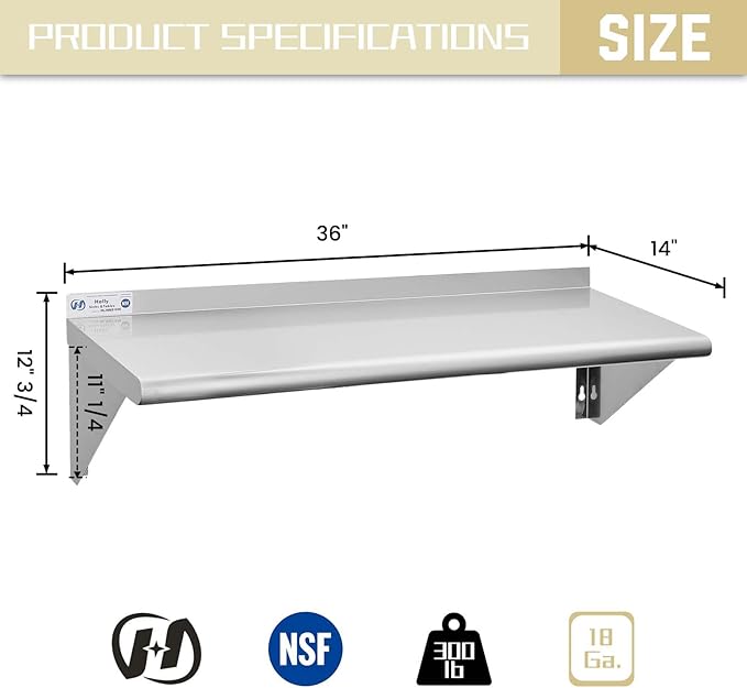 Hally Stainless Steel Shelf 14 x 36 Inches, 300 lb, Commercial Wall Mount Floating Shelving for Restaurant, Kitchen, Home and Hotel
