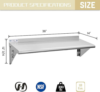Hally Stainless Steel Shelf 14 x 36 Inches, 300 lb, Commercial Wall Mount Floating Shelving for Restaurant, Kitchen, Home and Hotel