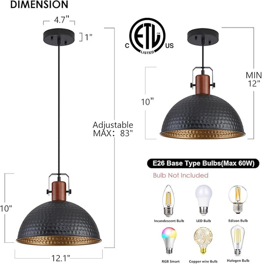 12 Inch Black Pendant Lights Hammered Matte Pendant Lights for Kitchen Island Industrial Farmhouse Adjustable Height Dome Hanging Light Fixtures for Barn, Dining Room 3 Packs
