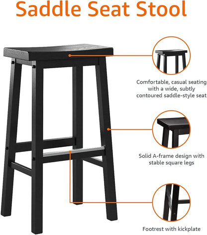 Amazon Basics Solid Wood Saddle-Seat Counter Height Bar Stools for Kitchen Island and Home Bar with Footrest, 29-Inch Height, Black, Set of 2