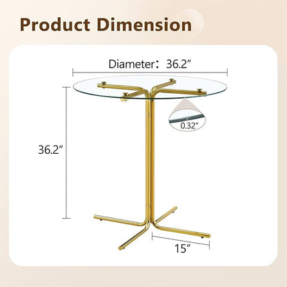 36" Round Counter Height Table, Tempered Glass Top with Gold Metal Base, Modern Pub Table for Kitchen, Bar & Small Spaces