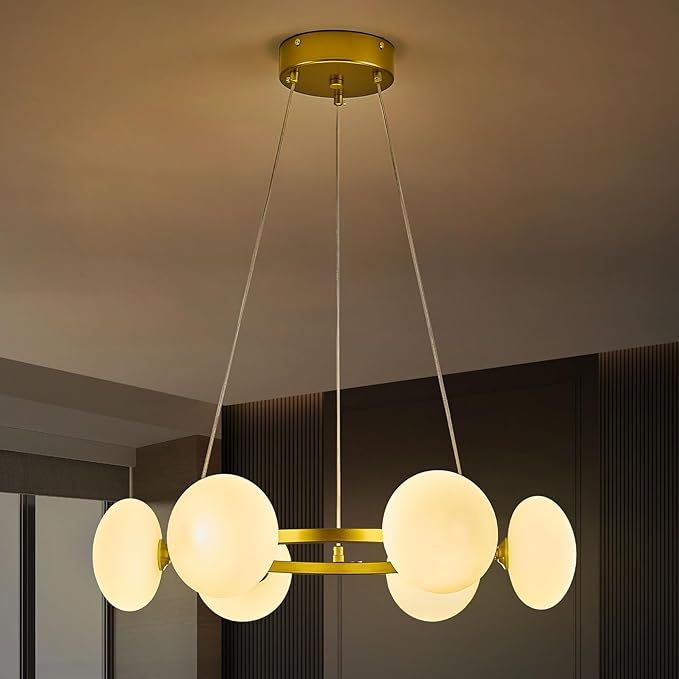 Modern Gold Chandelier, Mid Century Wagon Wheel Chandelier, 6-Light Globe Dining Room Light Fixture with Milk Glass Shades