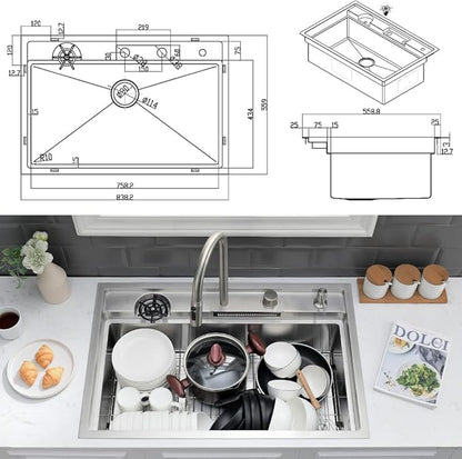 33 Inch Drop In Kitchen Sink Workstation-VASOYO 33x22 Waterfall Kitchen Sink Drop In Stainless Steel Topmount Kitchen Sink 16 Gauge Single Bowl Deep Smart Sinks with Faucet Combo