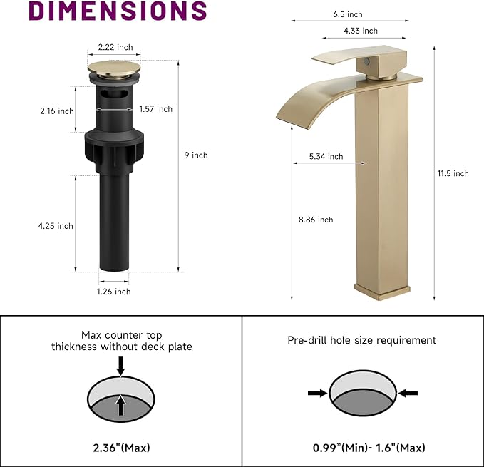 Vessel Sink Faucet Brushed Gold Waterfall Spout Faucet for Bathroom Sink Tall Single Handle One Hole Deck Mount Bowl Vanity Sink Taps with Pop-up Drain Stopper