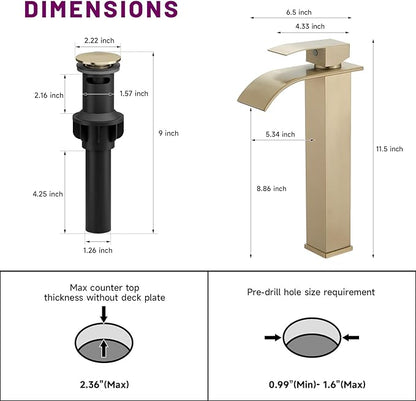 Vessel Sink Faucet Brushed Gold Waterfall Spout Faucet for Bathroom Sink Tall Single Handle One Hole Deck Mount Bowl Vanity Sink Taps with Pop-up Drain Stopper