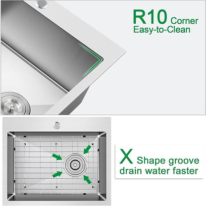 Kitchen Sink, 22 x 18 Inch Drop in Sink, 304 Stainless Steel Kitchen Sink, Centre-Offset Drain, 9" Deep Single Bowl, Topmount Installation, Brushed(Inclued Drain Strainer & Bottom Grid)